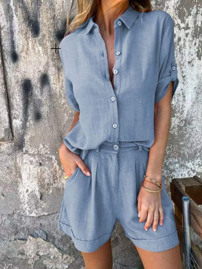 Cotton and linen short-sleeved top and short set