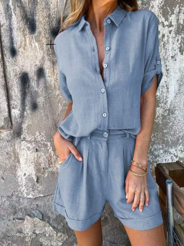 Cotton and linen short-sleeved top and short set