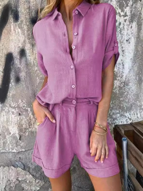 Cotton and linen short-sleeved top and short set