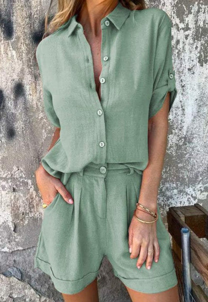 Cotton and linen short-sleeved top and short set