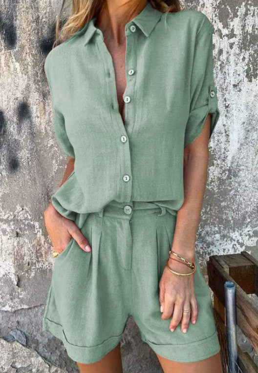 Cotton and linen short-sleeved top and short set