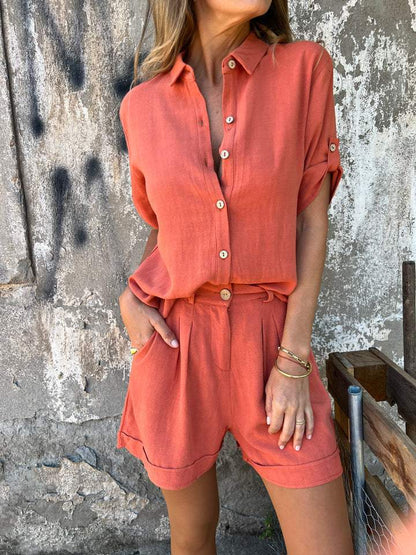 Cotton and linen short-sleeved top and short set