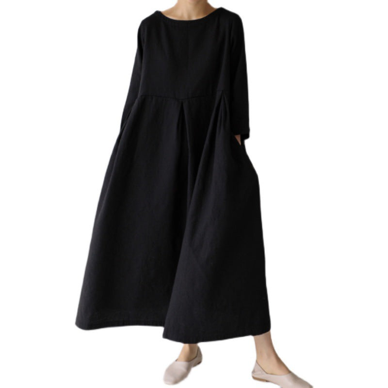 Cotton and linen style round-neck pullover, solid color over-the-knee long dress with a large hem