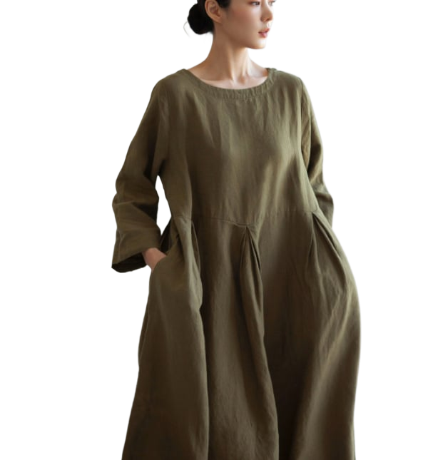 Cotton and linen style round-neck pullover, solid color over-the-knee long dress with a large hem