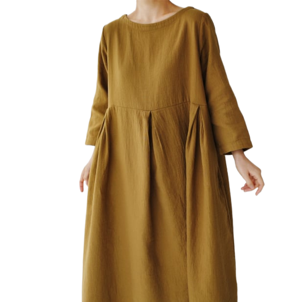 Cotton and linen style round-neck pullover, solid color over-the-knee long dress with a large hem