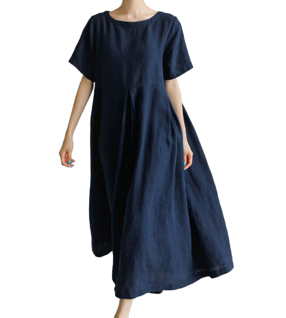 Cotton and linen style round-neck pullover, solid color over-the-knee long dress with a large hem