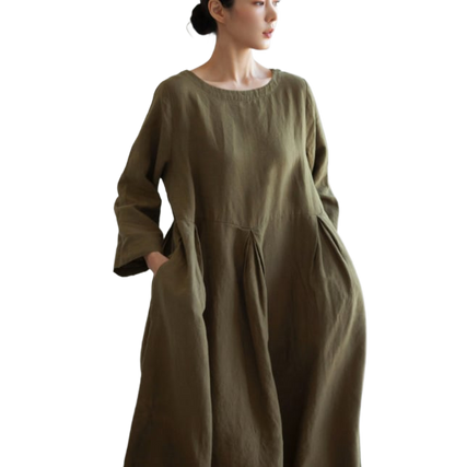 Cotton and linen style round-neck pullover, solid color over-the-knee long dress with a large hem