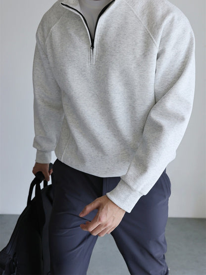Cotton Blend Half Zip Stand Collar Sweatshirt