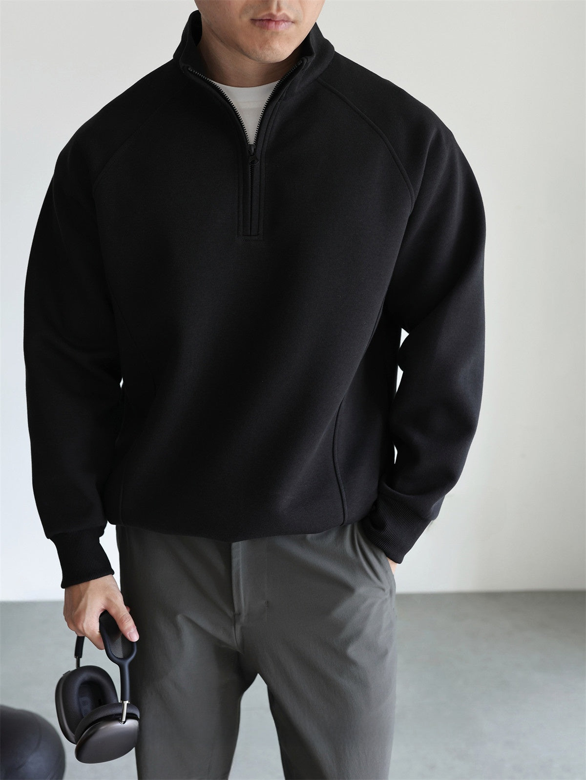 Cotton Blend Half Zip Stand Collar Sweatshirt