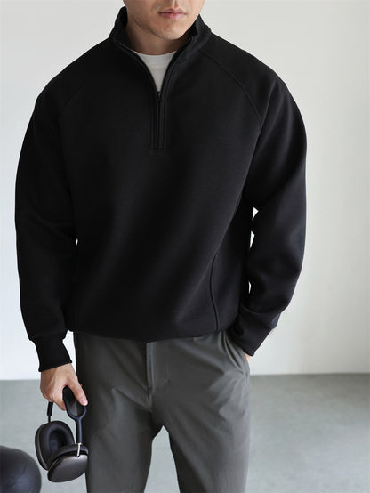 Cotton Blend Half Zip Stand Collar Sweatshirt