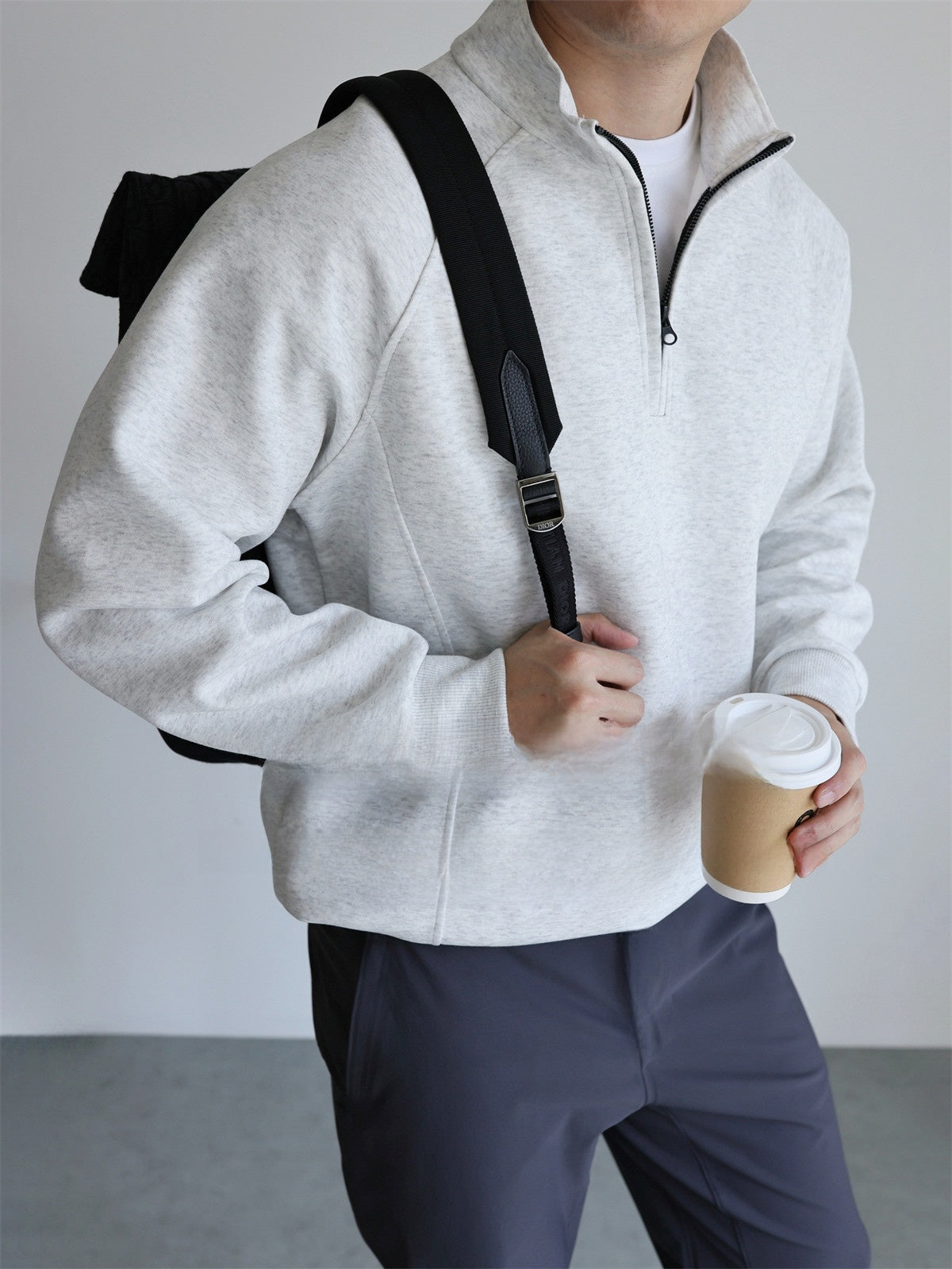 Cotton Blend Half Zip Stand Collar Sweatshirt