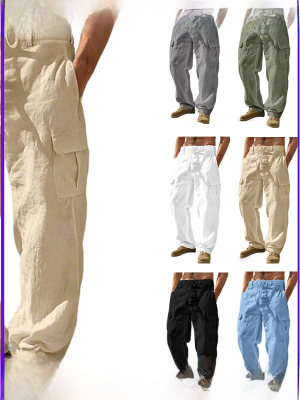 Cotton Linen Casual Wide-Leg Pants with Multiple Pockets