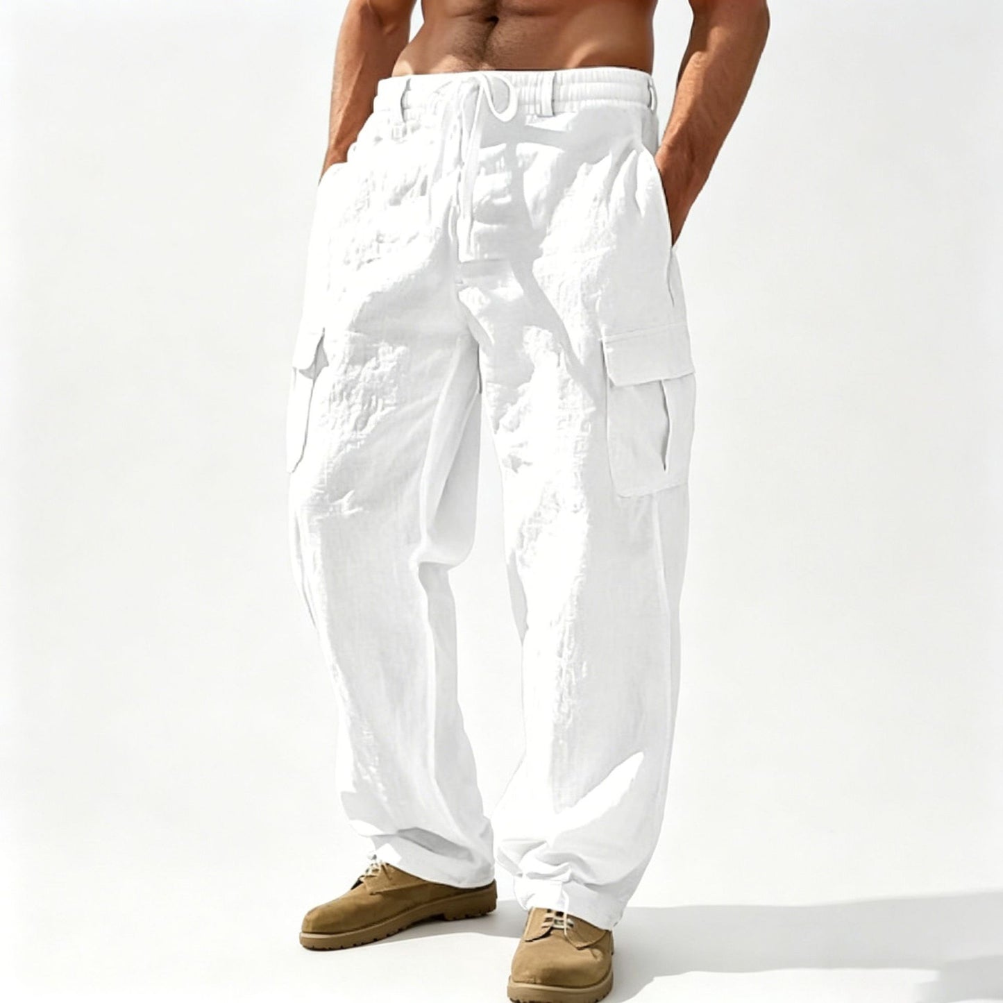 Cotton Linen Casual Wide-Leg Pants with Multiple Pockets