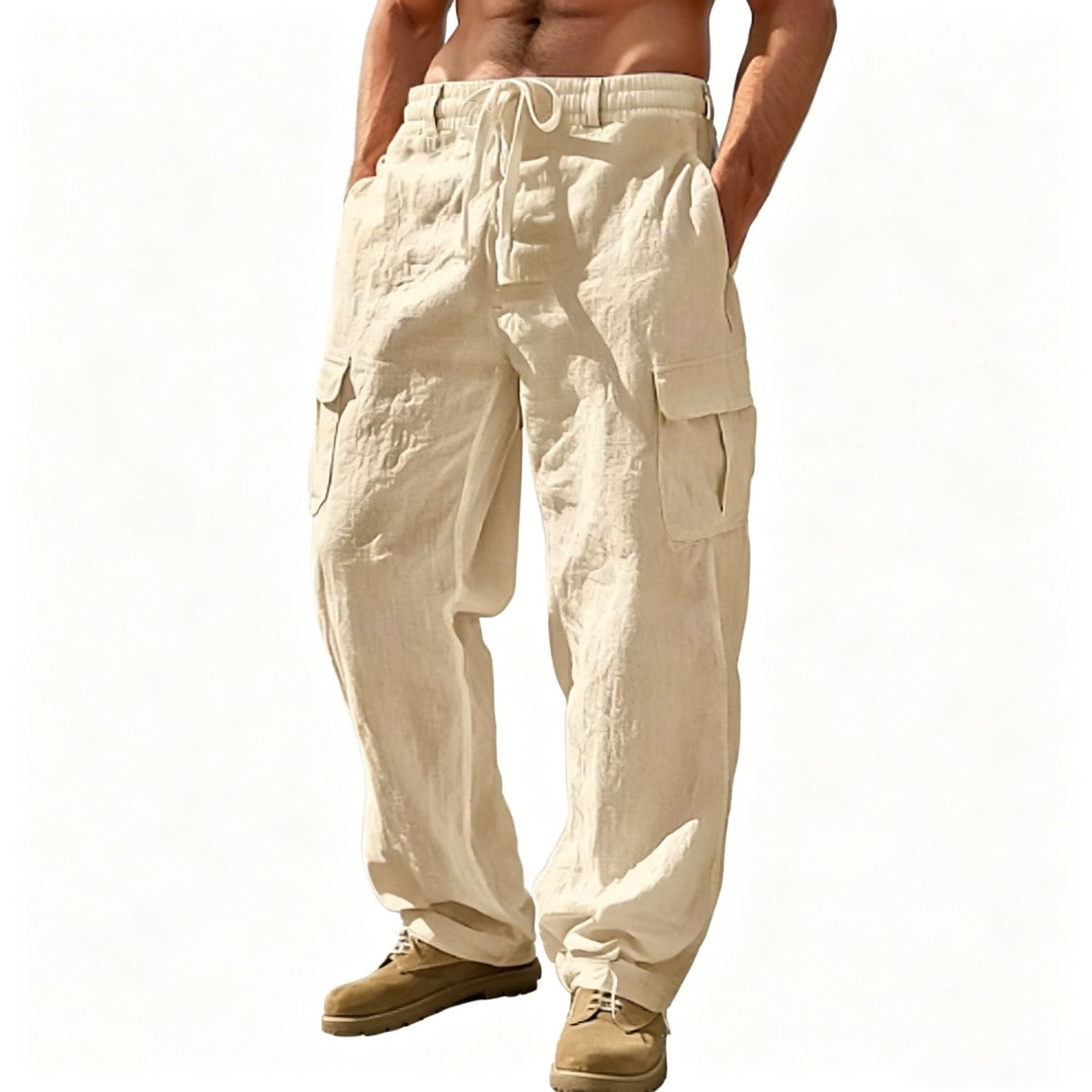 Cotton Linen Casual Wide-Leg Pants with Multiple Pockets