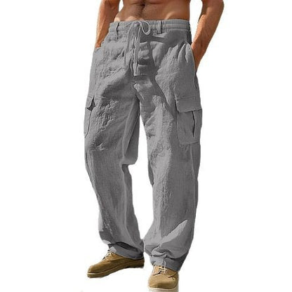 Cotton Linen Casual Wide-Leg Pants with Multiple Pockets