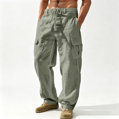 Cotton Linen Casual Wide-Leg Pants with Multiple Pockets