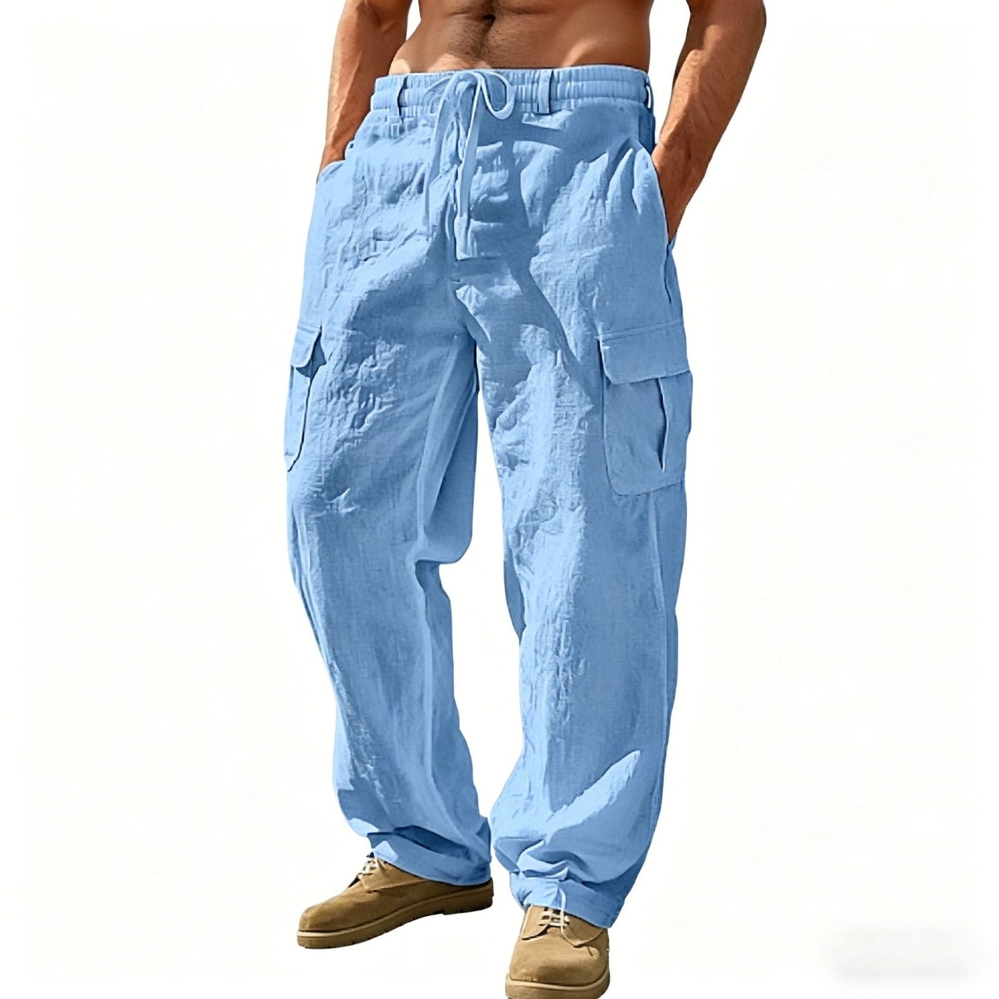 Cotton Linen Casual Wide-Leg Pants with Multiple Pockets