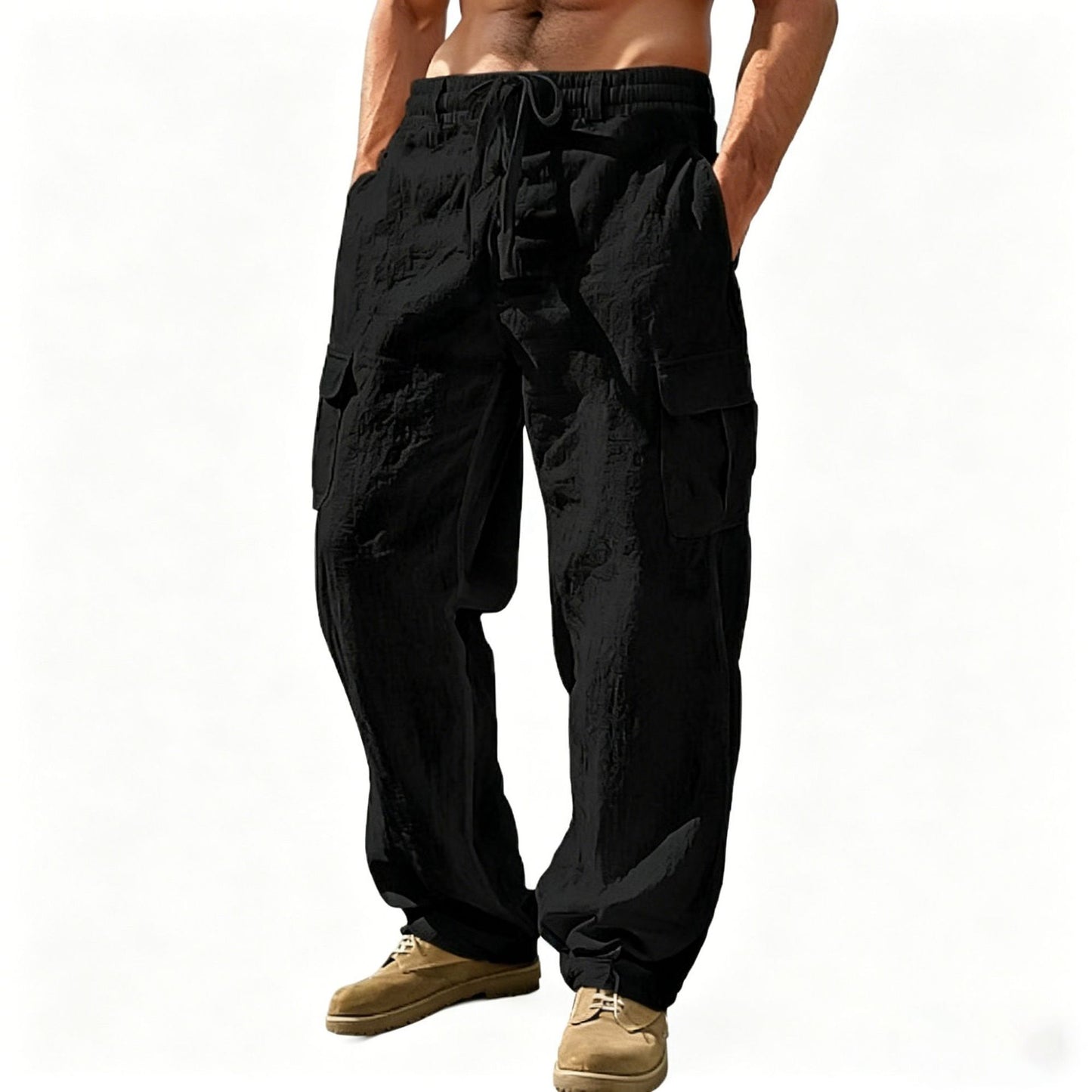 Cotton Linen Casual Wide-Leg Pants with Multiple Pockets