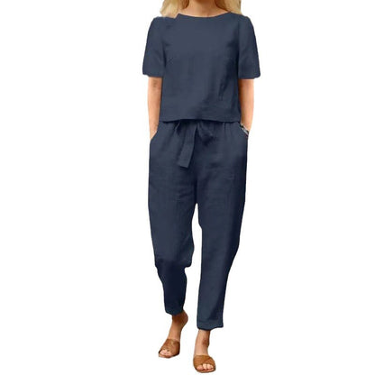 Cotton-linen half-sleeve wide-leg pants