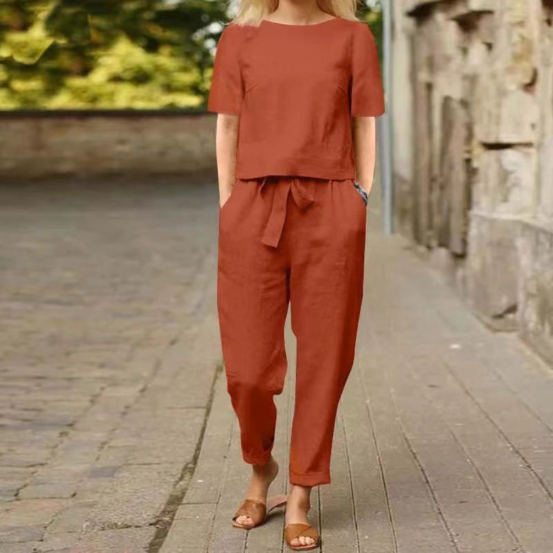 Cotton-linen half-sleeve wide-leg pants
