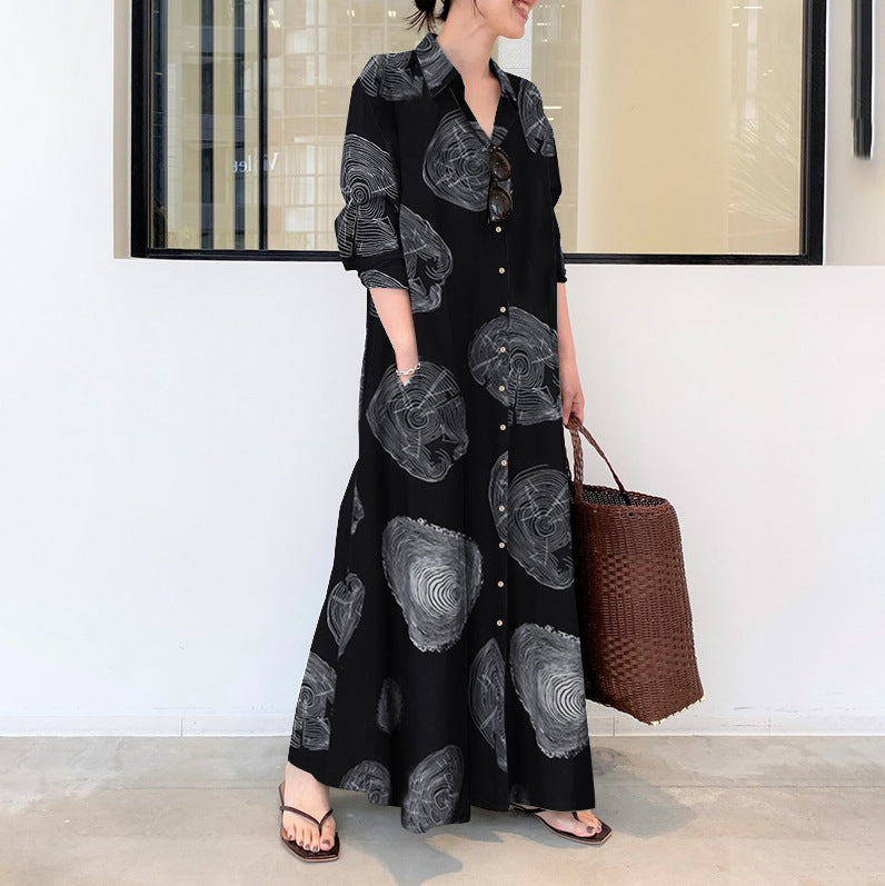Cotton Linen Long Sleeve Printed Dress