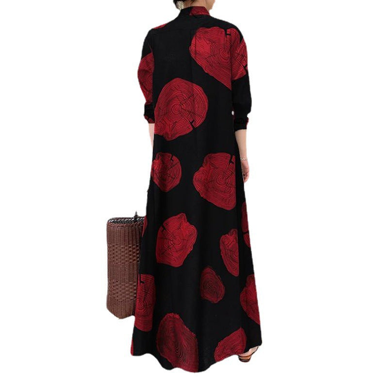 Cotton Linen Long Sleeve Printed Dress