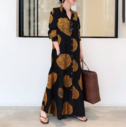 Cotton Linen Long Sleeve Printed Dress