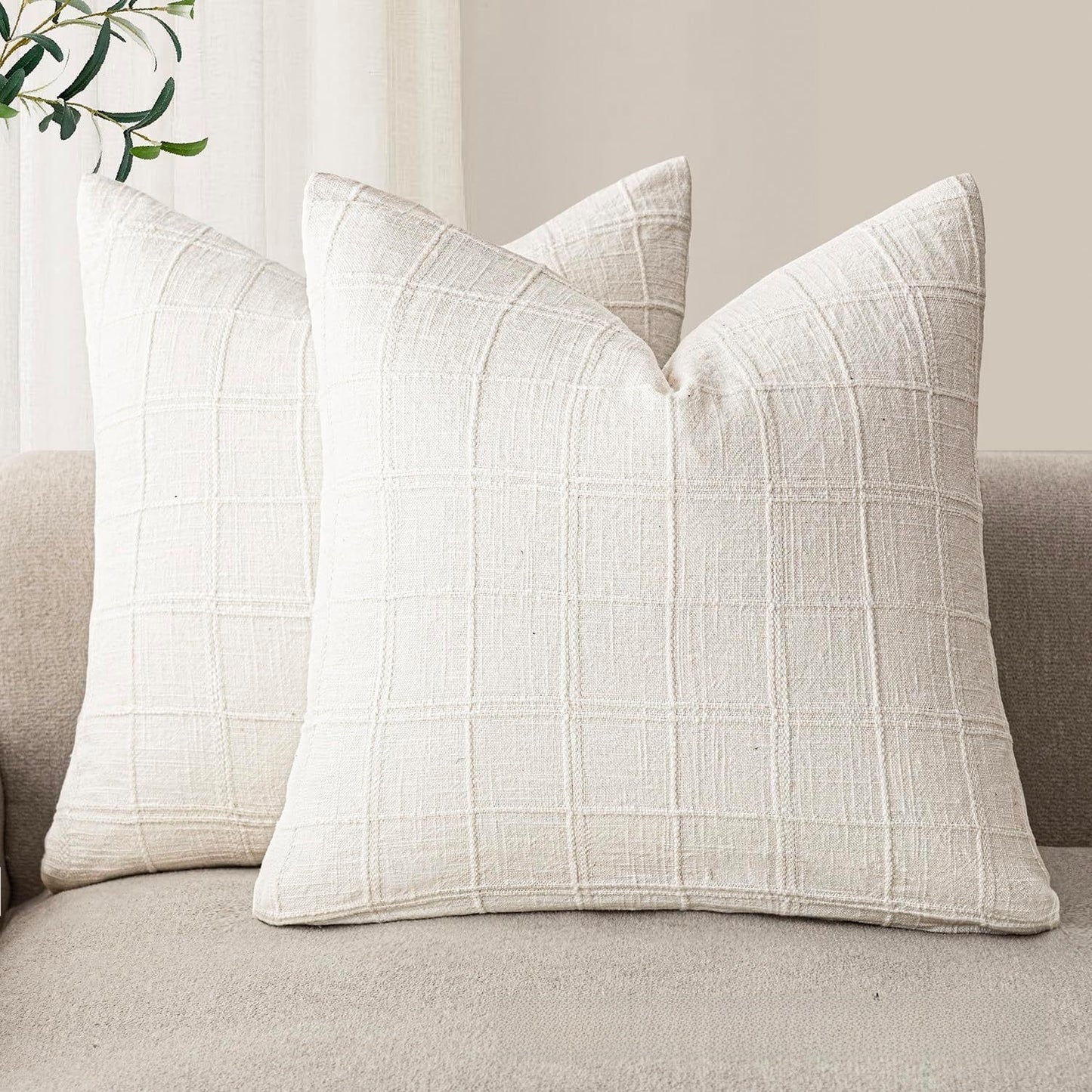 Cotton Linen Pillow Covers Textured Plaid Solid Color