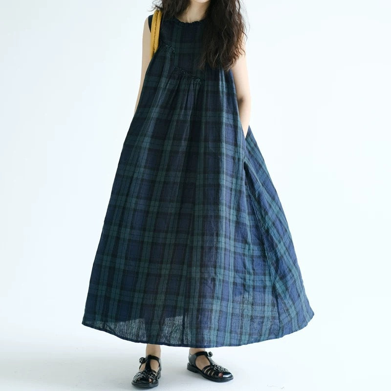 Cotton Linen Plaid A-line Dress