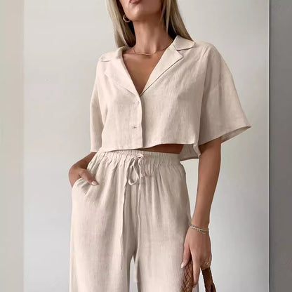 Cotton Linen Shirt and Wide Leg Pants