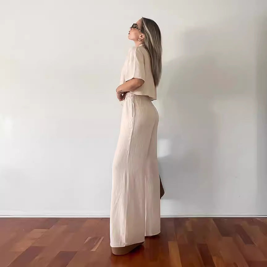 Cotton Linen Shirt and Wide Leg Pants