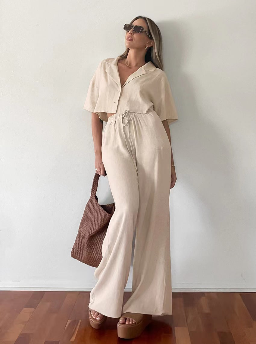 Cotton Linen Shirt and Wide Leg Pants