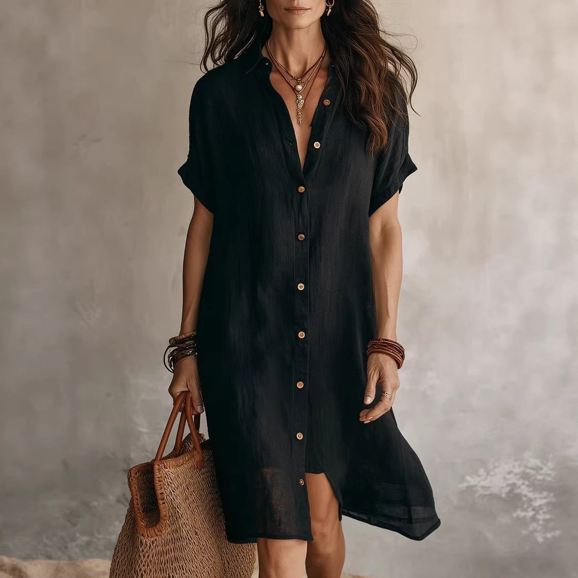 Cotton Linen Shirt Dress Mid Length
