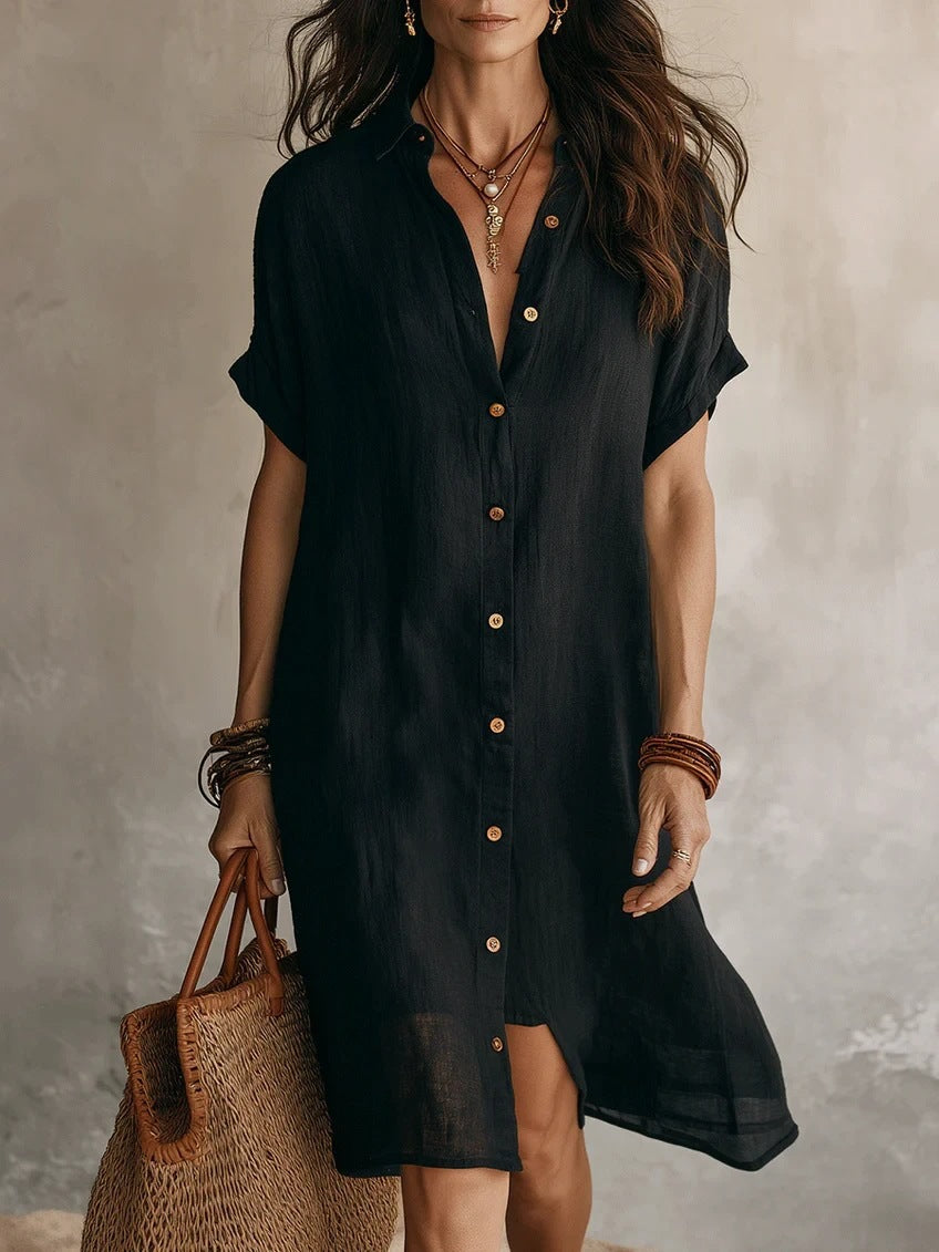 Cotton Linen Shirt Dress Mid Length