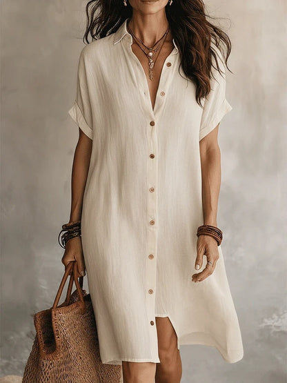Cotton Linen Shirt Dress Mid Length