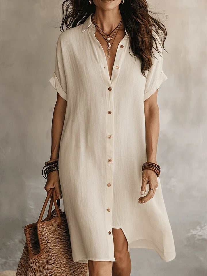Cotton Linen Shirt Dress Mid Length