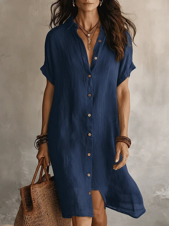 Cotton Linen Shirt Dress Mid Length