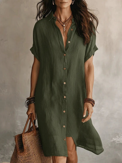 Cotton Linen Shirt Dress Mid Length