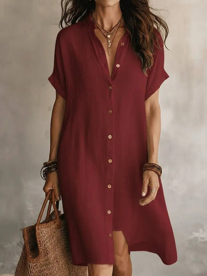 Cotton Linen Shirt Dress Mid Length