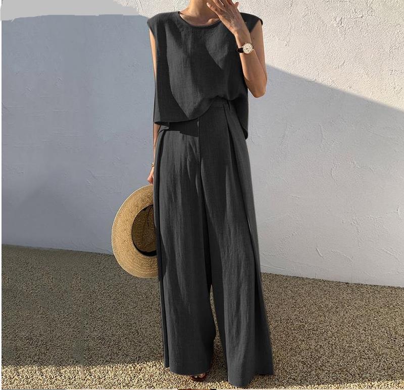 Cotton Linen Sleeveless Top and Wide Leg Pants Set