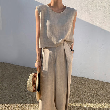 Cotton Linen Sleeveless Top and Wide Leg Pants Set