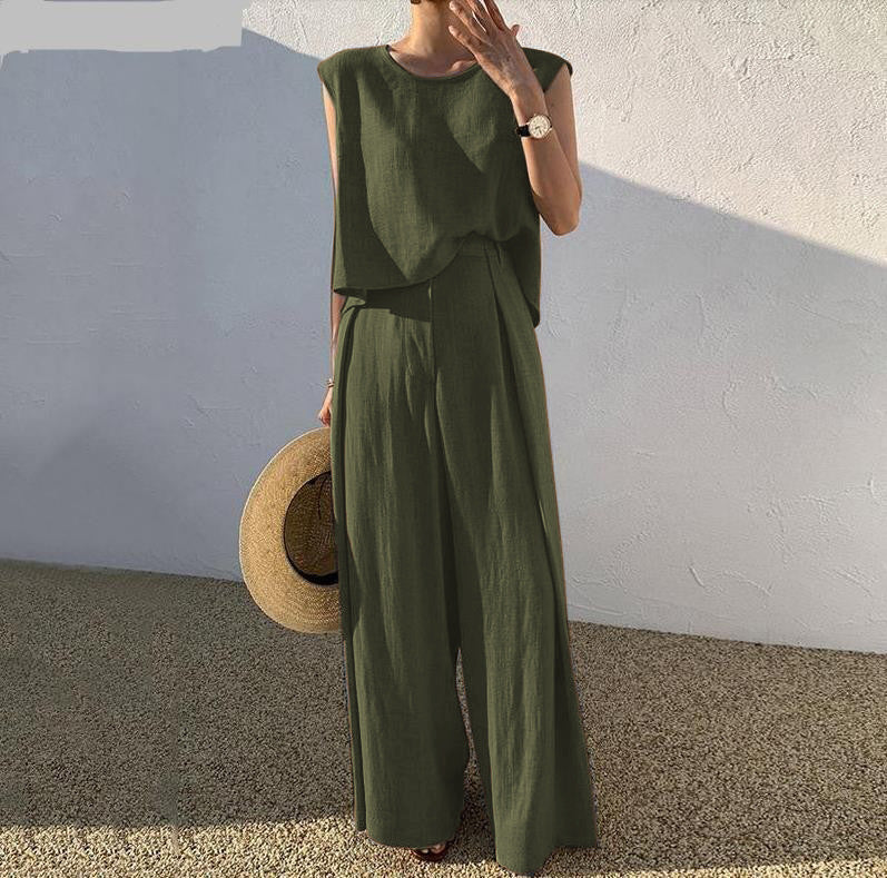 Cotton Linen Sleeveless Top and Wide Leg Pants Set
