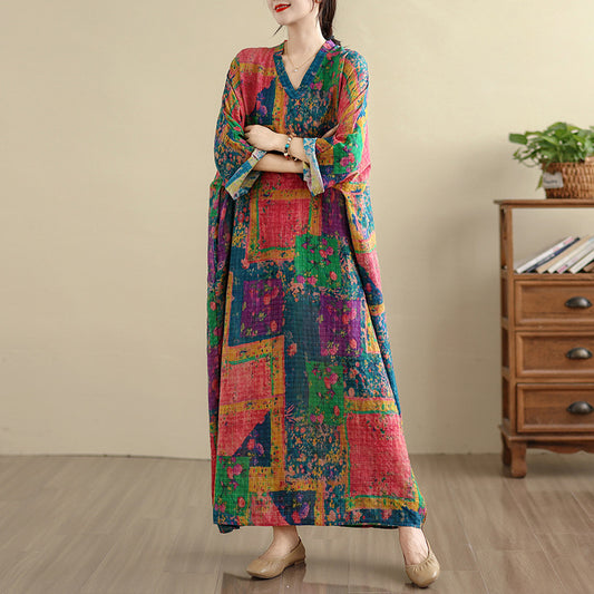 Cotton Linen V-Neck Long Dress