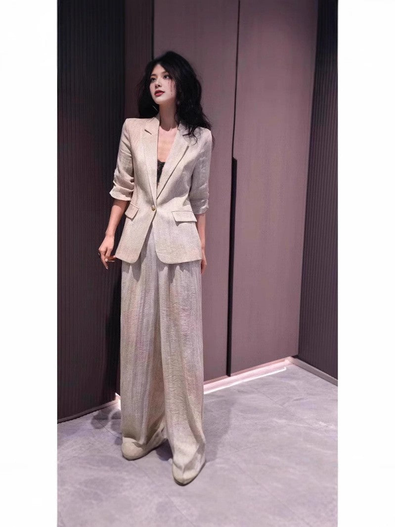 Cotton Linen Wide Leg Pants Set Three Quarter Sleeve