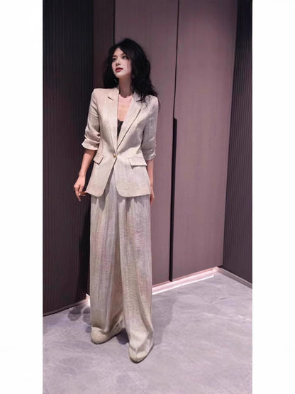 Cotton Linen Wide Leg Pants Set Three Quarter Sleeve