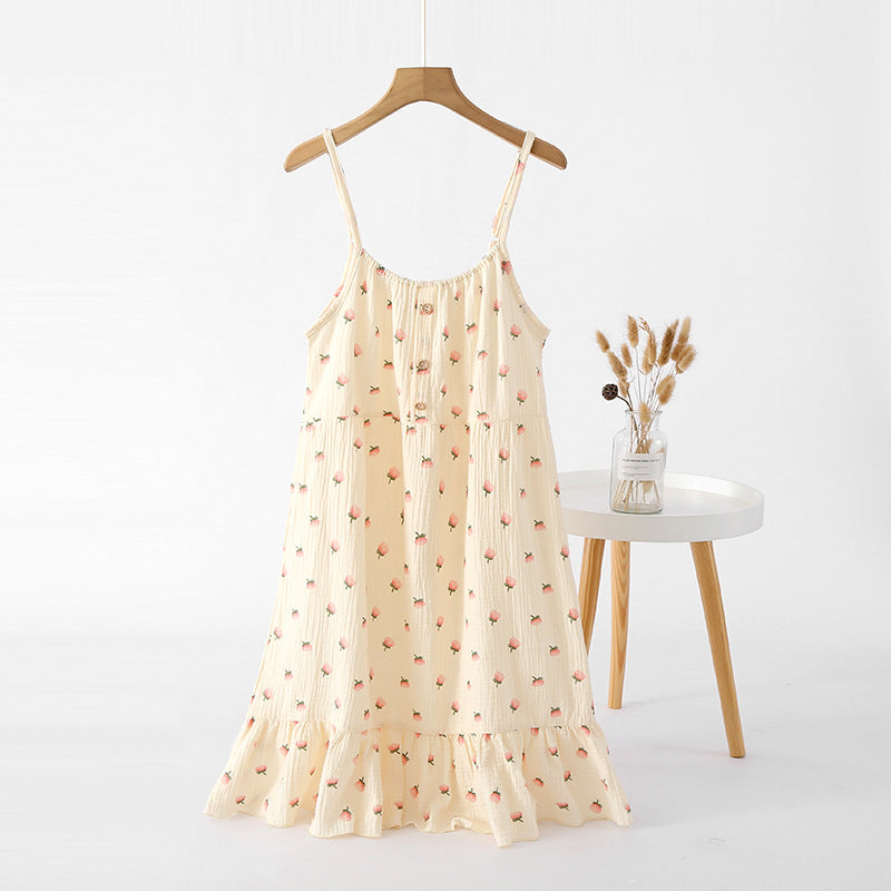 Cotton pajama-style loose-fitting long dress