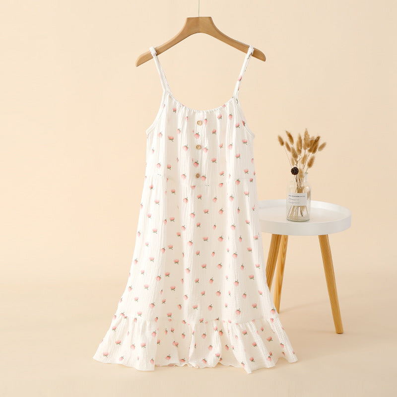 Cotton pajama-style loose-fitting long dress