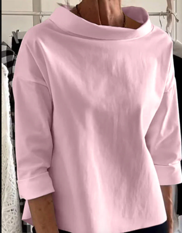 Cotton-polyester long-sleeved semi-high-neck women's sweatshirt