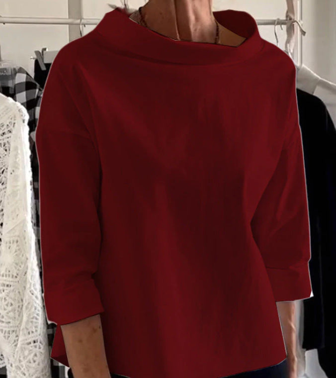 Cotton-polyester long-sleeved semi-high-neck women's sweatshirt