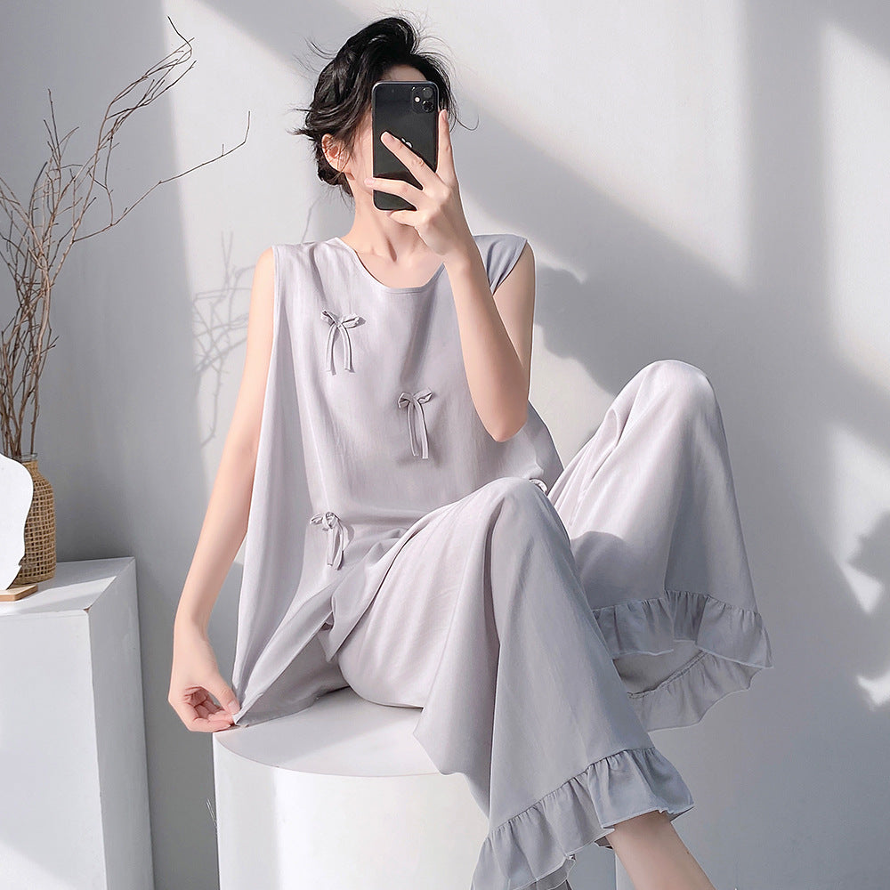 Cotton Silk Pajama Set for Women Sleeveless Loungewear